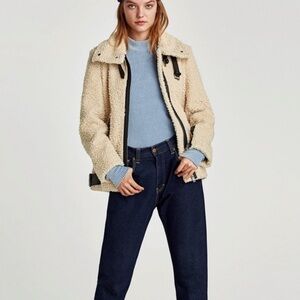 ZARA Womens Teddy Faux Shearling Moto Jacket Size M